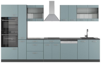 Vicco Küchenzeile R-Line, Blau-Grau/Anthrazit, 350 cm mit Hochschrank, AP Anthrazit