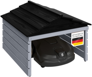 STEELSØN 'Nembus' Mähroboter Garage, Massivholz Kiefer, grau/schwarz, mit UV-Schutzlackierung, wetterfest, 53x74x78 cm, mit abnehmbarem Dach