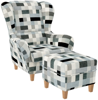 Supellex Sofia Ohrensessel mit Hocker | Design Patchwork grau