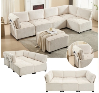 LVHOM Loungesofa Modulares 6er-Sofa mit Ottomane, Großformat U/L-Form + Schlaffunktion, 6 einzelne Module kombinierbar als U-/L-Form, Zweisitzer, Dreisitzer oder 164×230cm Schlafsofa. Stabiler Hybridrahmen (Holz/Metall, 400kg Last) mit bodenschonenden ...