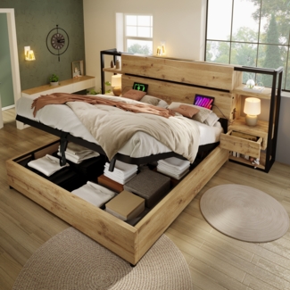 Merax Holzbett Doppelbett 180×200cm, Hydraulisches Stauraumbett, Stauraum-Kopfteil mit Schubladen und USB&Type-C Ladeanschluss, Eichenfarbe (Ohne Matratze)