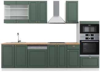 Küchenzeile Fame-Line Grün-Gold Landhaus/Weiß 300 cm mit Hochschrank, AP Eiche Vicco