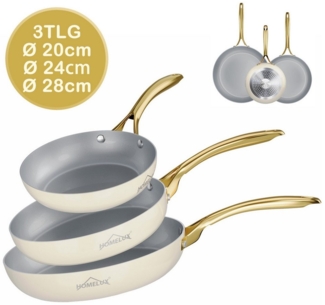 HOMELUX Pfannen-Set Bratpfanne Keramikpfanne Induktion Aluminium Pfanne mit Edelstahlgriff, Aluminium (Pfannenset, 3-tlg), Indukion,Keramikbeschichtung,weiß grau pfanne, gold griff