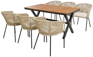 KLAM HOME Garten-Essgruppe Garten-Lounge-Set aus Seil Tisch aus Akazienholz für 2-6 Personen, (7tlg. Set, 6 Sessel und 1 Tisch Mit Fußstütze und 6 Sitzkissen), für Outdoor Balkon Innenhof Dinnerpartys und Gespräche
