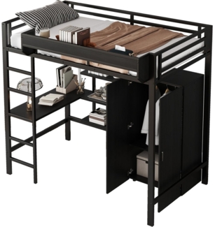 SeedWave Hochbett Mehrzweck-Bett mit Arbeitstisch, Kleiderschrank und Ablagen, 90x200 cm Eisenbett mit Anti-Kip-Funktion, Kleiderschrank inkl. 2 Fächer