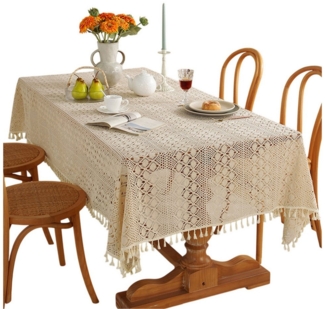 Refttenw Tischdecke Vintage Häkel Tischdecke mit Quasten Rechteckig Tischtücher 100x140cm (1-tlg), Boho Tischdekoration, Polyester Baumwolle, Haus Party Deko