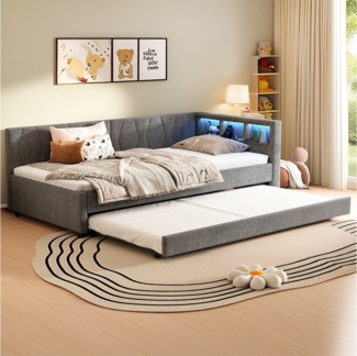 REDOM Schlafsofa Modernes Polsterbett mit LED-Beleuchtung, USB-Ladeanschluss und ausziehbarem Rollbett, Kompaktes Schlafsofa mit Stauraum, Ohne Matratze