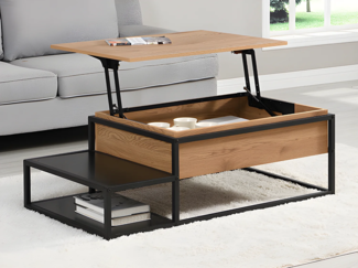 Vente-unique - Couchtisch höhenverstellbar - MDF & Metall - Naturfarben & Schwarz - LUTESA