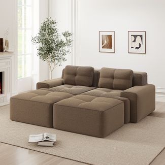 Flieks 2-Sitzer Sofa, Modular Schlafsofa, Tiefsofa Loveseat mit 2 Ottoman & 2 Kissen, Cord, Braun