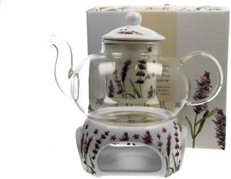 DUO FLORAL Teekanne 1000 ml CLASSIC LAVENDER mit Stövchen, Glas - New Bone China Porzellan