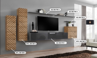 Wohnwand Switch Lamel I mit geriffelte Wotan Fronten und Grafit Hochglanz Fronten 330 x 160 cm 7-teilig