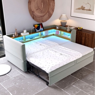 Flieks Daybett, Polsterbett Schlafsofa Ausziehbett 90/180x190cm LED Aufladen Stauraum