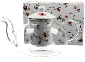 DUO FLORAL Teekanne 1000 ml SAFA mit Teesieb, Glas - New Bone China Porzellan