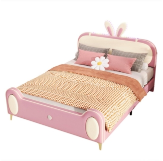 REDOM Kinderbett Doppelbett Funktionsbett Polsterbett (Kaninchen Kopfteil, mit Holzlatten, LED-Streifen, Mit Massivholz- und Eisenrohrrahmen, 140x200 cm), ohne Matratze