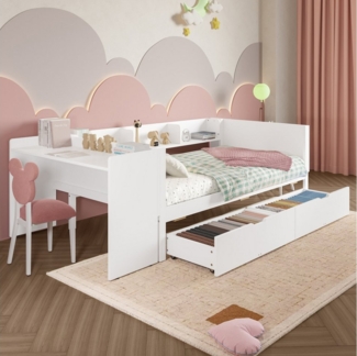 Flieks Kinderbett, Massivholzbett Einzelbett 90x200cm mit Schreibtisch und 2 Schubladen
