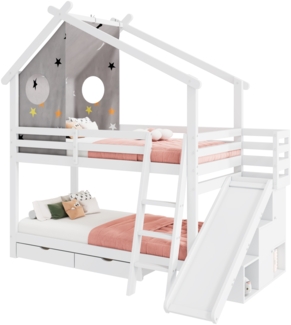 Merax Kinder-Etagenbett, 90*200cm Doppelbett, multifunktionales Kinderbett ,Es gibt Rutschen und Leitern, mit 2 Schubladen,ohne Matratze, massivholz,Mit Aufbewahrungsschrank,mit abnehmbarem Vorhang, weiß