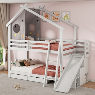 Merax Kinder-Etagenbett, 90*200cm Doppelbett, multifunktionales Kinderbett ,Es gibt Rutschen und Leitern, mit 2 Schubladen,ohne Matratze, massivholz,Mit Aufbewahrungsschrank,mit abnehmbarem Vorhang, weiß