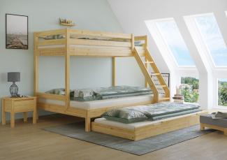 Doppel-Etagenbett 140x200 und 90x200 Erwachsenen-Stockbett Kiefer Massivholz natur V-60.18-09-14Rollrost. Matratze und Gästebettkasten inkl.