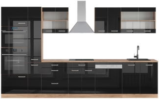 Vicco Küchenzeile Schwarz Hochglanz/Goldkraft Eiche 350 cm mit Hochschrank, ohne Arbeitsplatte, R-Line