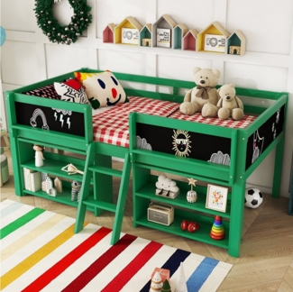 Flieks Hochbett Halbhohes Bett Kinderbett 90x200 cm mit Tafel, Ablagefächer und Leiter