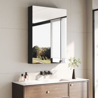 Hopibath Badezimmerspiegelschrank mit ablage Aluminium Spiegelschrank Bad Schwarz 1 türig 50x70 40x60cm (Eckig Wandschrank Badezimmer Badmöbel Badschrank, Doppelseitiger Spiegel) Verstellbare Glasböden, Softclose-Scharnieren