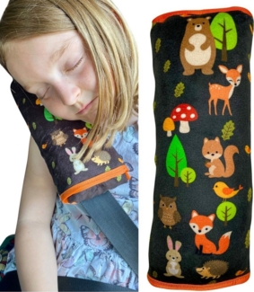HECKBO Schlafkissen Auto Schlafkissen Waldtiere Motiv für Kinder Mädchen Jungen - maschinenwaschbar – kuschelweich - Auto Gurtkissen, Gurtschoner, Gurtschutz Sitzerhöhung, Auto Kissen, Reisekissen, Urlaub