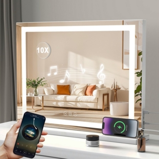 oyajia Schminkspiegel Hollywood beleuchteter Schminkspiegel mit Bluetooth-Lautsprecher (Mit 10-fach Vergrößerungsspiegel, Touch-dimmbar Musik-Make-up-Spiegel), Tischspiegel mit touchscreen, Wandspiegel,Abnehmbare Lupe, USB