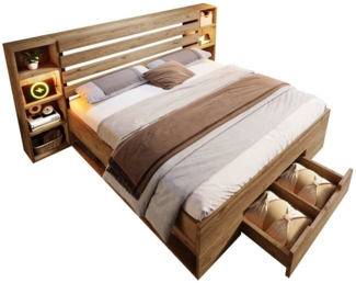 MODFU Massivholzbett mit Bettgestell Lattenrost aus holz (Struraumbett, Doppelbett Funktionsbett, 1-tlg, 160×200cm, ohne Matratze), Stauraumbett Bettanlage mit LED-Beleuchtung und USB/Type C