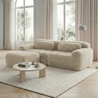 Flieks 2-Sitzer Sofa, L-förmiges Sofa, rahmenlos modular mit Ottoman & 2 Kissen, rutschfester Boden, Plüsch, Hellkhaki
