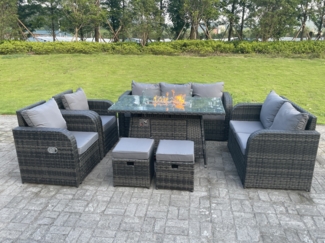 Fimous Dunkelgrau Gemischt Rattan Outdoor Gartenmöbel Gas Feuerstelle Brenner Tisch Sets Gas Heater Lounge Love Sofa Recling Stühle Fußhocker 9 Sitzer
