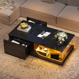 Merax 100cm Couchtisch, Sofatisch mit 2 Schubladen, Hochglanz Wohnzimmer Beistelltisch, MDF Wohnzimmertisch, kaffeetisch mit LED, Tragender Tisch aus gehärtetem Glas, schwarz