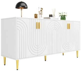 Tongtong Sideboard modernes Sideboard mit 4 Türen und 4 Fächern, 152 x 40 x 75 cm, mit einzigartigem Wellendesign und goldenen Füßen, Schwarz