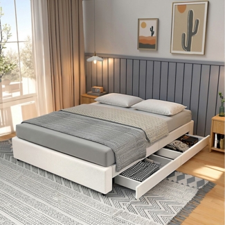 WILGOON Polsterbett Doppelbett 140x200cm, mit Lattenrost und 4 Unterbett-Schubladen (Leinenmaterial Polsterbett), Bettgestell mit Stauraum, Komforthöhe, Leises Design Bett, Weiß