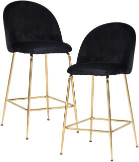 FineBuy 2er Set Barhocker Samt Hocker mit Lehne & goldenen Beinen, Küchenhocker Skandinavisch Stoff / Metall 110 kg, Design Barstuhl Tresenhocker, Bistrohocker Gepolstert Schwarz