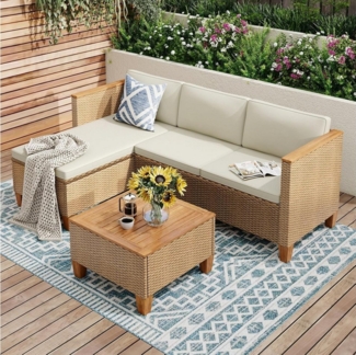 PHI VILLA Gartenlounge-Set, (1 Chaiselongue, 1 Zweisitzer-Sofa und 1 Kleiner Couchtisch, Rattan Lounge Möbel Outdoor), 4 Personen Terassenmöbel Außen Gartensofa
