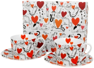 DUO ANIMALS 2er-Set Tassen 230 ml CAT'S WORLD – HEARTS mit Untertassen, New Bone China Porzellan