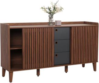Sideboard HWC-M48, Kommode, Schiebetür Staufach, Mango-Massivholz MDF 81 x 150 x 40 cm ~ Walnuss-Optik, Schubladen dunkelgrau