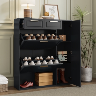 Merax Schuhschrank, mit verstellbaren Regalen, goldenen Griffen, Schubladen, Klappschuhschrank und Türen, Schwarz, B95/D24/H107