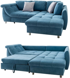 ECKSOFA mit Schlaffunktion, Bettkasten, Wellenunterfederung, Ottomane rechts 250/190/84 cm, Mikrofaser Blau