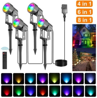 QUBEBU LED Gartenstrahler LED Gartenlampe mit Erdspieß, 4/6/8er Set, Außenleuchte, Strahler IP66, LED fest integriert, Warmweiß/RGBW,Schwenkbar Außenleuchte mit Stecker, Dekorative Gartenlampe Beleuchtung für Außen Garten Rasen.