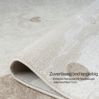Teppich Kinderzimmer 120x160cm - Pastell Beige Creme - Kurzflor Spielteppich mit einer niedlichen Katze - Motiv