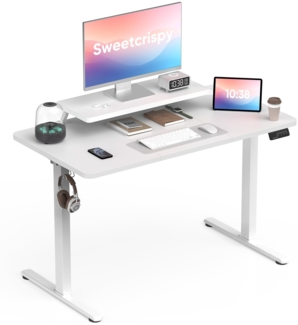 Sweetcrispy Höhenverstellbarer Schreibtisch mit Monitorständer, 120 x 60 cm Schreibtisch Höhenverstellbar Elektrisch, Ergonomischer Steh-Sitz Tisch, Computertisch Standing Desk, Weiß