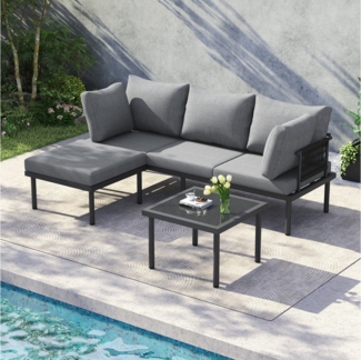 Flieks Gartenlounge-Set, 4-Sitzer Outdoor Gartenmöbel Eckgarnitur Sofa & Couchtisch & Hocker