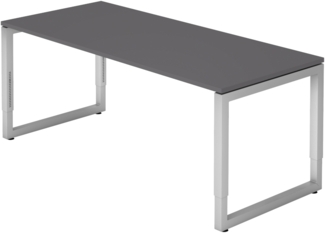 bümö höhenverstellbarer Schreibtisch R-Serie 180x80 cm in graphit, Gestell in Silber - großer PC Tisch für's Büro manuell höhenverstellbar, Computertisch verstellbar, RS-19-G-S