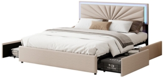 FUROKOY Polsterbett LED-Beleuchtung Doppelbett Stauraumbett mit Lattenrost, und 4 Schubladen, 160x200 cm,Kopfteil mit Lichtleiste,Leinen,Beige