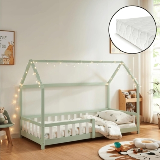 DELUKE® Kinderbett 120x200 OKLA - mit Matratze Lattenrost Rausfallschutz Haus-OptikEinzelbett aus Holz Hausbett Kinderzimmer Montessori Bett Mintgrün