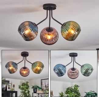 hofstein Deckenleuchte Deckenlampe aus Metall/Riffelglas in Schwarz/Kupferfarben/Blau/Grün, Deckenleuchte im Retro/Vintage-Design (Schirme Ø 15 cm), 3 x E14