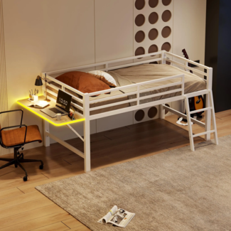 Hochbett mit Schreibtisch und LED-Beleuchtung, 90x200 cm, Kinderbett mit Rausfallschutz und Leiter, Metallbett, Jugendbett, Einzelbett