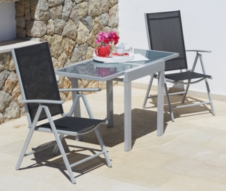 MERXX Balkonset Lima, (3-tlg, 2x Klappsessel, 1x Ausziehtisch 65(130)x65 cm), pulverbeschichtetes Aluminium, aus 100% Polyester, für 2 Personen