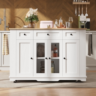 Kücheninsel Weiß & Natur mit klappbaren Seiten 151,5 cm, aus Metall und MDF, Küchenbuffet mit gehärtetem Glas, Staubschutz und Schrankfächer